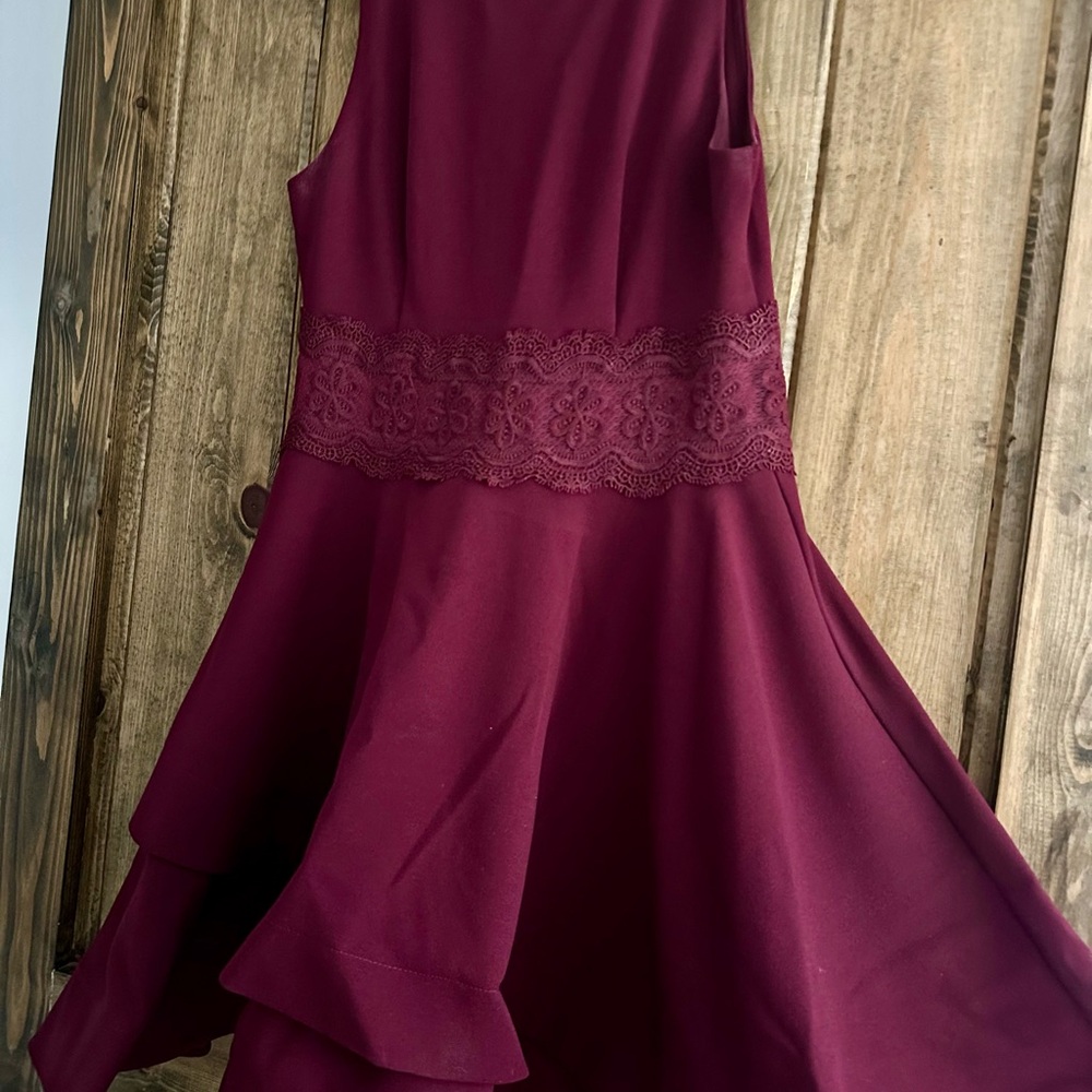 B Darlin Wine Mini Dress with Lace Accent